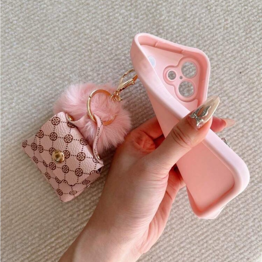 IPHONE 16 PRO -Pink Phone Case with Fluffy Pom Pom and Mini Bag - Picture 3 of 3